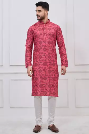 Pink coton print premium designer festive wear kurta pyjama set