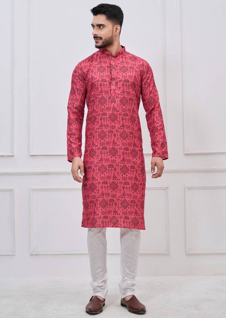 Pink coton print premium designer festive wear kurta pyjama set