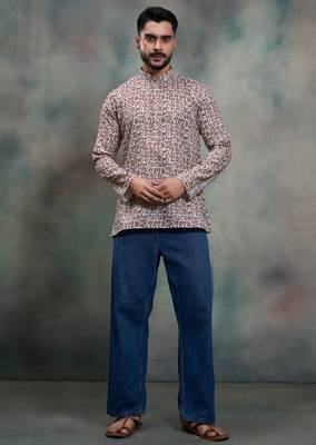 brown heritage print cotton premium festive short kurta 5