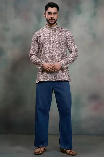 brown heritage print cotton premium festive short kurta