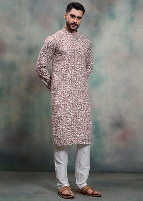 brown ethnic print cotton kurta pajama set 2