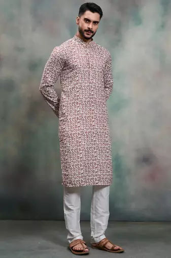 brown ethnic print cotton kurta pajama set