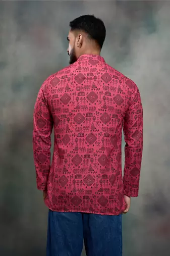 rani pink tribal print cotton premium festive short kurta