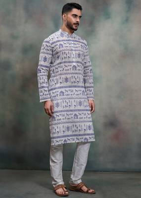  blue tribal print khadi moubani kurta pajama set 2