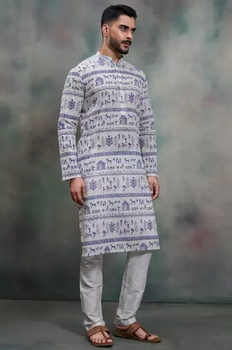  blue tribal print khadi moubani kurta pajama set