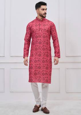 coral pink ethnic print cotton kurta pajama set for men 2