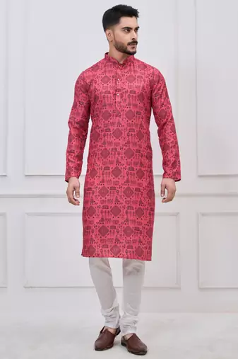 coral pink ethnic print cotton kurta pajama set for men