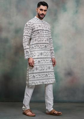 grey tribal print khadi moubani festive kurta pajama set 2