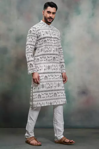 grey tribal print khadi moubani festive kurta pajama set