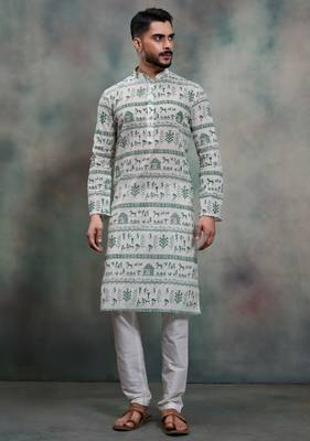green tribal print khadi moubani kurta pajama set 1