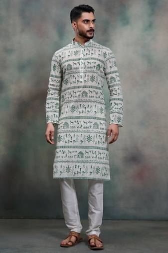 Green khadi-moubani print premium designer festive wear kurta pyjama set