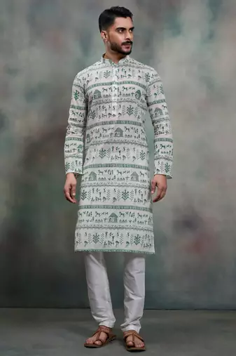 Green khadi-moubani print premium designer festive wear kurta pyjama set