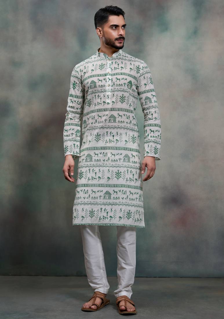 Green khadi-moubani print premium designer festive wear kurta pyjama set