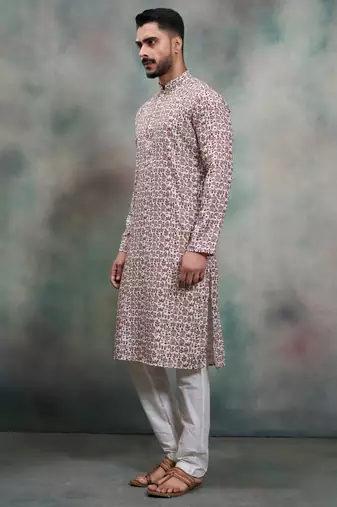 brown ethnic print cotton kurta pajama set