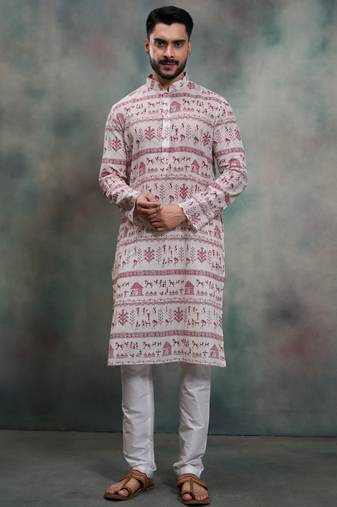 Purple khadi-moubani print premium designer festive wear kurta pyjama set