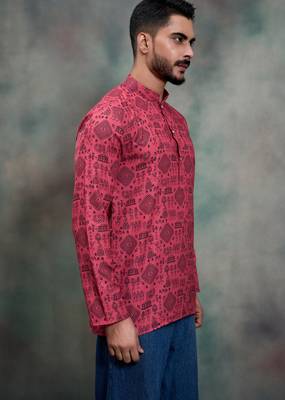 rani pink tribal print cotton premium festive short kurta 4