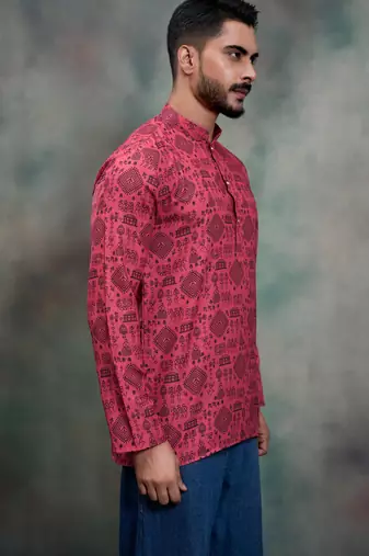 rani pink tribal print cotton premium festive short kurta