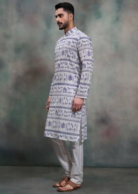  blue tribal print khadi moubani kurta pajama set 3