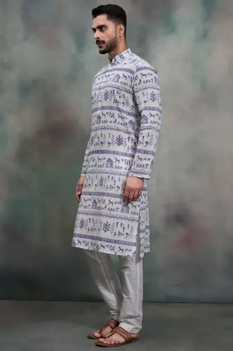  blue tribal print khadi moubani kurta pajama set