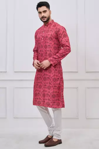 coral pink ethnic print cotton kurta pajama set for men