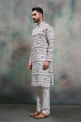 grey tribal print khadi moubani festive kurta pajama set 3
