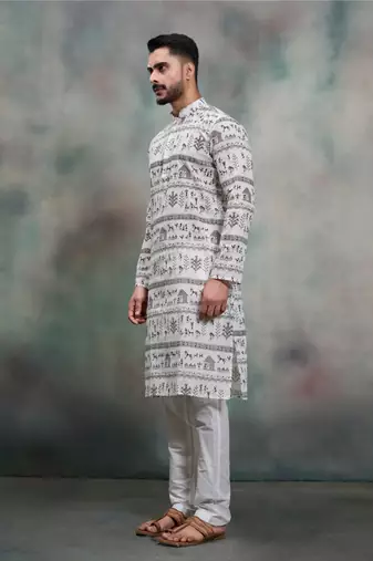 grey tribal print khadi moubani festive kurta pajama set