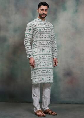 green tribal print khadi moubani kurta pajama set 2