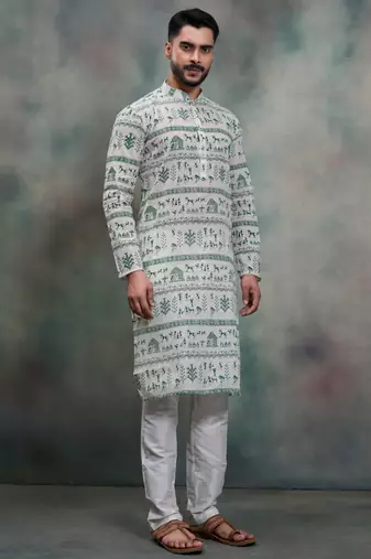 green tribal print khadi moubani kurta pajama set