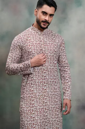 brown ethnic print cotton kurta pajama set
