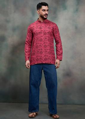 rani pink tribal print cotton premium festive short kurta 5
