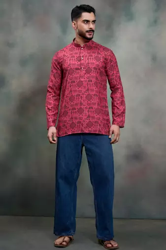 rani pink tribal print cotton premium festive short kurta