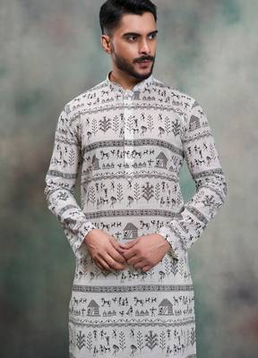 grey tribal print khadi moubani festive kurta pajama set 4