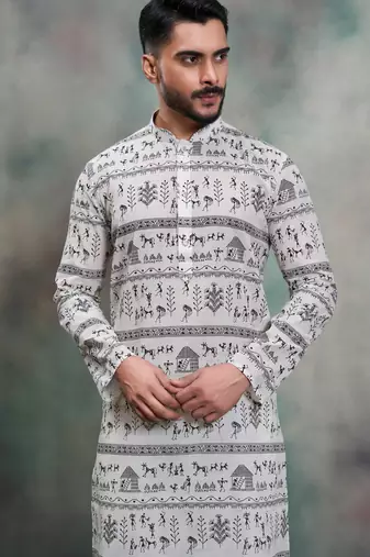 grey tribal print khadi moubani festive kurta pajama set