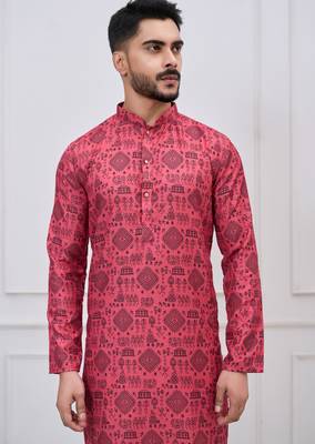 coral pink ethnic print cotton kurta pajama set for men 4