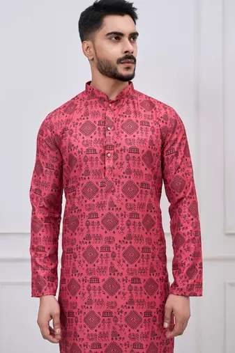 coral pink ethnic print cotton kurta pajama set for men