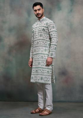 green tribal print khadi moubani kurta pajama set 3