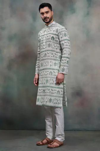 green tribal print khadi moubani kurta pajama set