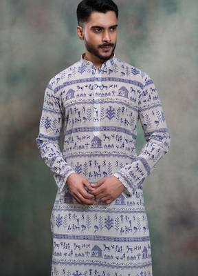  blue tribal print khadi moubani kurta pajama set 4