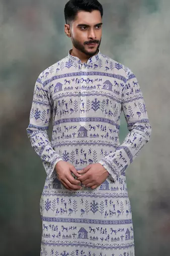  blue tribal print khadi moubani kurta pajama set