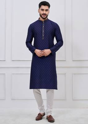 navy blue sequin dotted silk blend kurta pajama set 1
