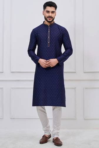 Navy blue silk premium designer festive wear kurta pyjama set