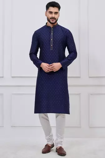 Navy blue silk premium designer festive wear kurta pyjama set