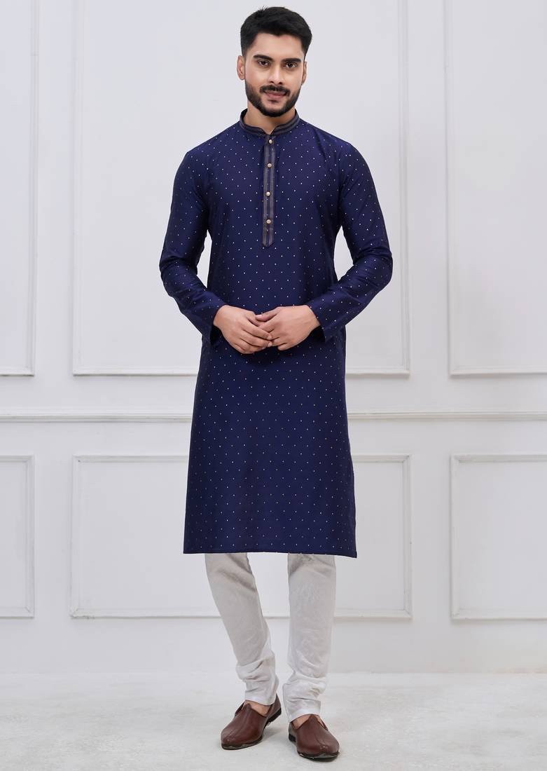 Navy blue silk premium designer festive wear kurta pyjama set