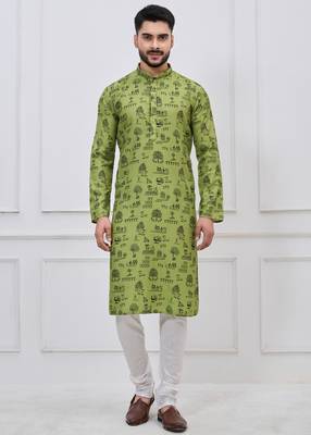 olive green printed cotton kurta pajama set for men 1