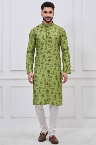 Green coton print premium designer festive wear kurta pyjama set