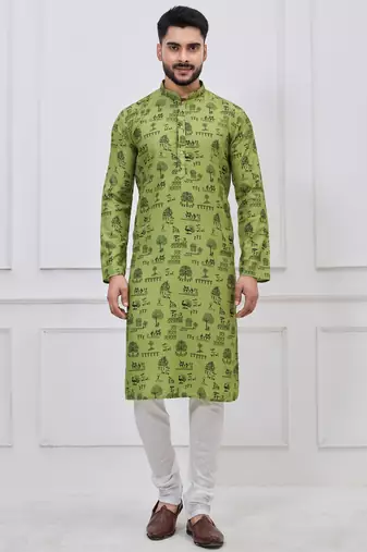 Green coton print premium designer festive wear kurta pyjama set