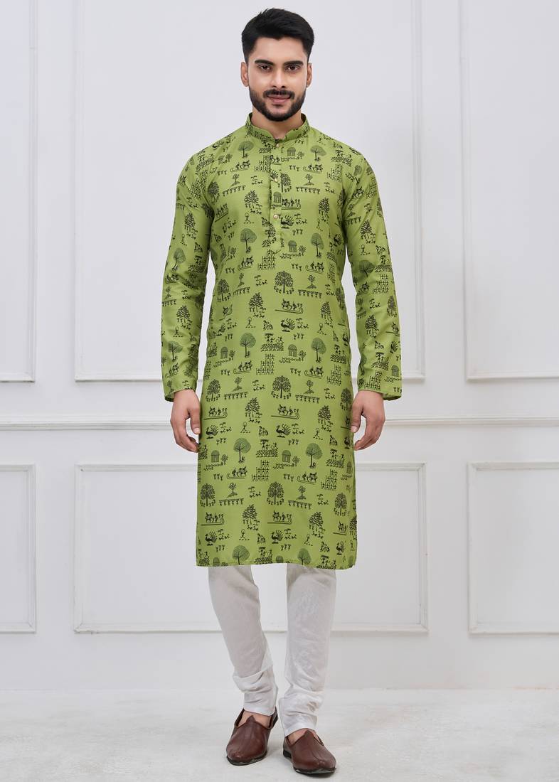 Green coton print premium designer festive wear kurta pyjama set
