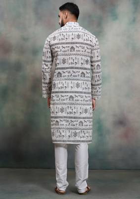 grey tribal print khadi moubani festive kurta pajama set 5