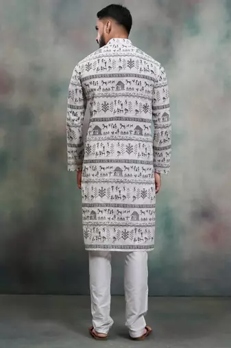 grey tribal print khadi moubani festive kurta pajama set