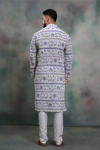  blue tribal print khadi moubani kurta pajama set